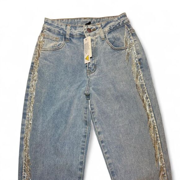 Windsor She Glistens High-Rise Rhinestone Side Fringe Denim Jeans Size 1 - Picture 3 of 7